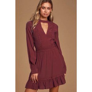 Lulus Fall For Me Burgundy LS Cutout Skater Dress